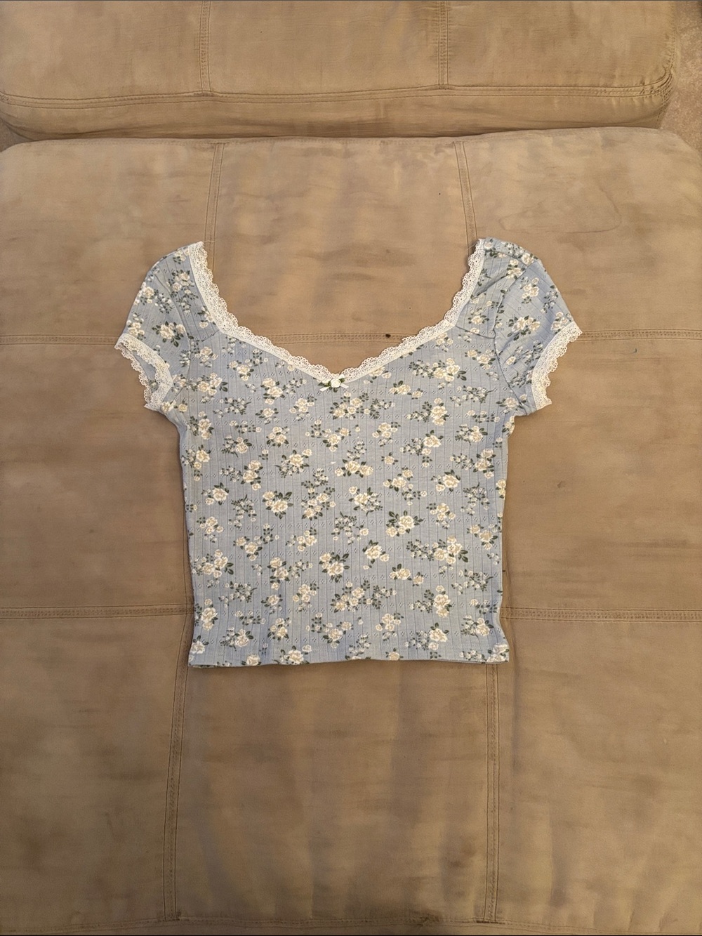 Derek Heart Light Blue Floral Lace-Trim Crop Top